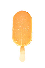 Ice cream in caramel glaze on a wooden stick isolated on white