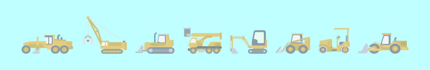set of construction machines cartoon icon design template with various models. vector illustration isolated on blue background