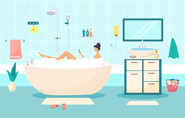 Naklejka na ściany i meble Young beautiful woman character take shower bathroom with foam, female relax bath surf mobile phone gadget flat vector illustration.