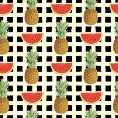 Seamless pattern with whole pineapples and juicy watermelon slices on a black white checkered backdrop. Summer vector background with ripe sweet fruit. Wallpaper, wrapping paper, fabric, fruit design