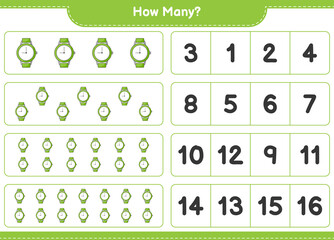 Counting game, how many Watches. Educational children game, printable worksheet, vector illustration
