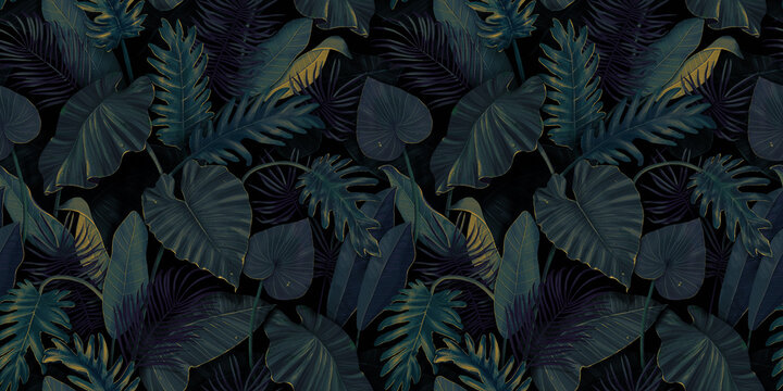 Botanical illustration. Tropical seamless pattern. Rainforest, jungle. Palm leaves, monstera, colocasia, banana. Hand drawing for design of fabric, paper, wallpaper, notebook covers