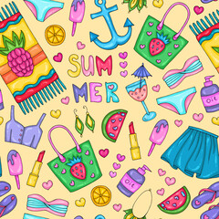 Vector seamless pattern colored cute icons. Signs summer fashion beachwear and accessories. Collection Summer fresh elements for summer holiday party. Set collection for design print t-shirt, fabric