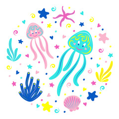 De jolies méduses nagent sous l& 39 eau avec des algues, des coquillages et des étoiles de mer. Illustration pour enfants. Vecteur.