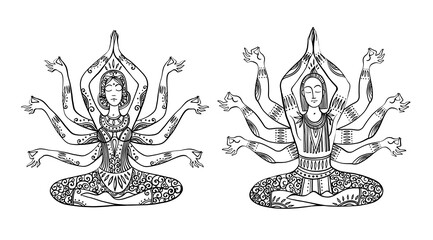 Obraz premium Yoga meditator illustration, Indian yoga line drawing