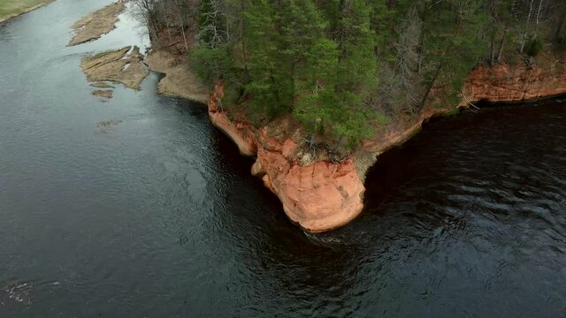 Untitled ProjectRed rocks on the river Salaca. Sandstone cliff in Latvia from Drone Aerial