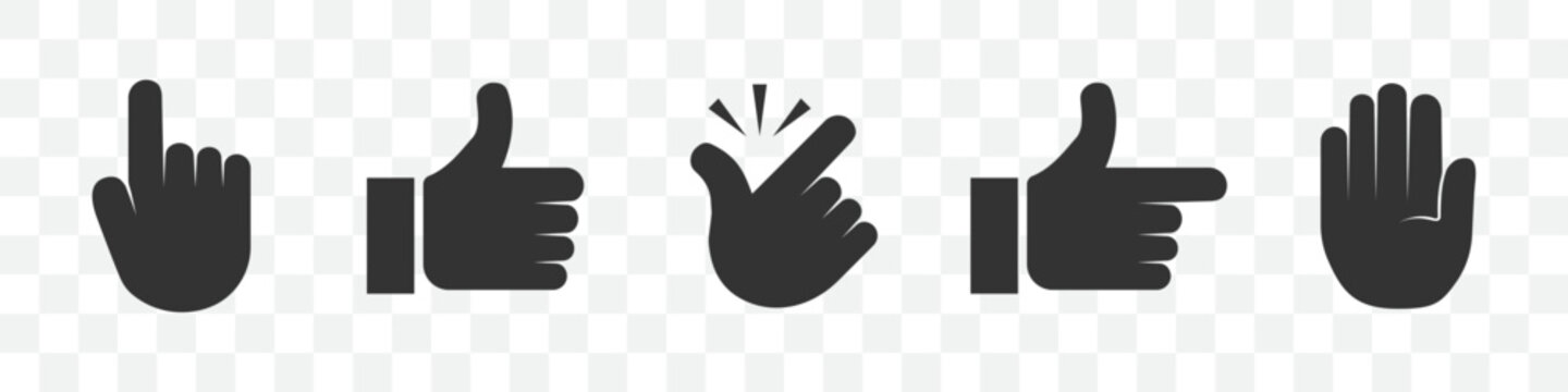 Set of hand icons: click, thumb up, snap, pointer, stop