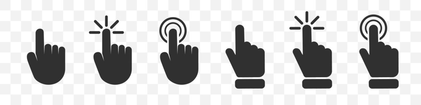 Set of different hand clicking icon on a transparent background