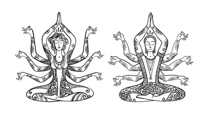 Yoga meditator illustration, Indian yoga line drawing