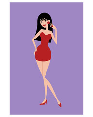 Art of young woman posing with long black hair in a red dress. Cartoon female character isolated on purple background. Flat vector illustration for social media, advert, web, or print.  
