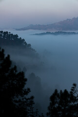 Layers of mountains with pine trees on them and fog and mist  settled in the valley