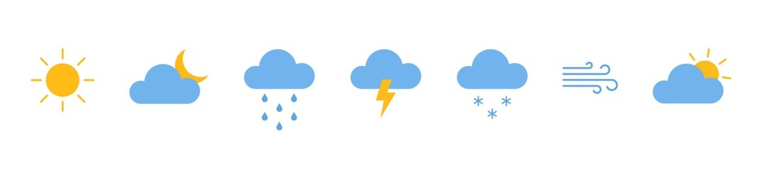 Weather color icons set. Collection of modern flat symbols of weather. Outline meteorology shapes. Sun, rain, moon, cloud, cold, snow, wind, fog templates. Vector illustration