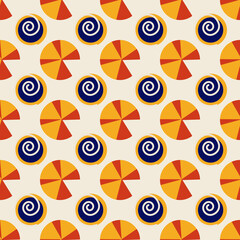 Geometric pattern for packaging or textiles made of multicolored circles on a beige background
