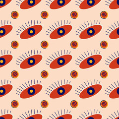 Abstract pattern for textile design or packaging made of red eyes on a pink background