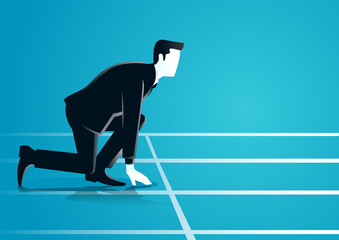 vector illustration of a businessman ready to sprint on starting line. describe starting career, compete, move, obstacle, and faster. business concept illustration