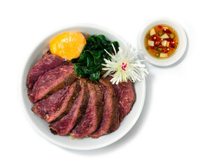 Beef Steak Medium Rare ontop Spicy Basil Stir Fried Rice