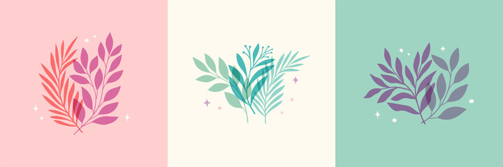 Set of  modern floral vector banner. Botanical illustration template background. Abstract plant elements for print design, social media, post banner and presentation.