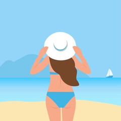 A young woman in a swimsuit and a hat stands on the sea coast. Back view.Landscape with blue water, mountains and a sailboat. Summer vacation.Vector illustration.