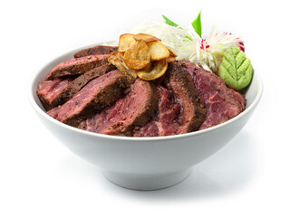 Beef Steak Rice Bowl Donburi Medium Rare ontop Crispy Garlic and wasabi