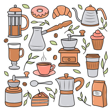 Coffee set with various coffee makers and desserts on a white background. Doodle sketch style. Vector illustration for coffee shops, cafes. cute cartoon pictures.
