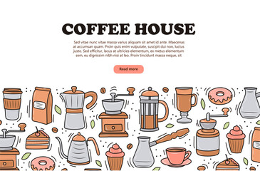 Coffee banner with various coffee makers and desserts on a white background. Doodle sketch style. Vector illustration for coffee shops, cafes. cute cartoon pictures.