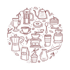 Coffee banner with various coffee makers and desserts on a white background. Doodle sketch style. Vector illustration for coffee shops, cafes. cute cartoon pictures.