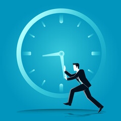 vector illustration of businessman push a clockwise o clock. describe time is money, compete, move and faster. business concept illustration