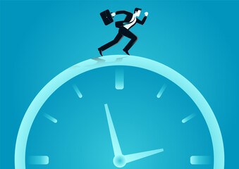 vector illustration of businessman running above a o clock. describe time is money, compete, move and faster. business concept illustration