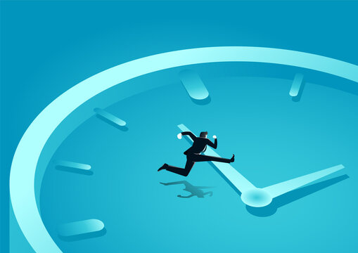 vector illustration of businessman jump a clockwise. describe time is money, compete, move and faster. business concept illustration