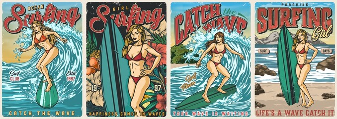 Ocean surfing vintage colorful posters