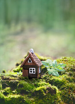 Toy house on moss, green natural forest background. Symbol of family, Mortgage, Real estate concept. Eco Friendly House
