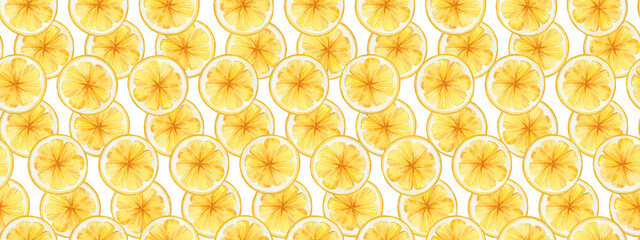 Seamless pattern with watercolor lemons, slices, green leaves on white background. For design, print, textile, fabric, cards, baby design