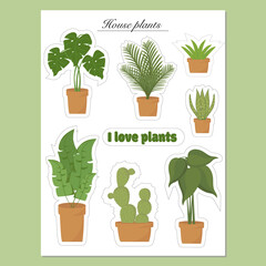 Home plants collection set. Houseplant stickers. Decorative houseplants. isolated on white background. Perfect for poster, planner stickers, cards. Vector illustration. Cartoon characters.