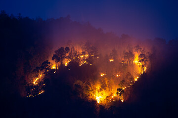 Wildfires on the mountain tops in the evening after sunset began to see more clearly the orange glow of the fire, the cause of the toxic dust floating in the air. Blue sky background