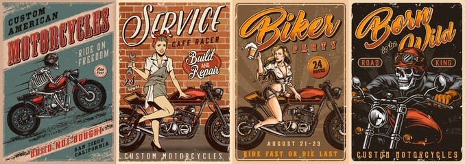 Motorcycle colorful vintage posters set - obrazy, fototapety, plakaty