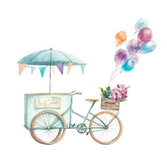 Ice cream bicycle festive illustration. Watercolor isolated artwork on white background. Street food gelato with garland, flowers and air balloons scene