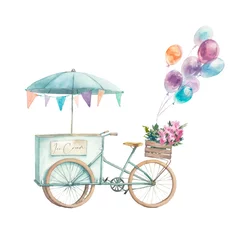  Ice cream bicycle festive illustration. Watercolor isolated artwork on white background. Street food gelato with garland, flowers and air balloons scene © ldinka