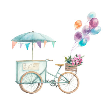 Ice cream bicycle festive illustration. Watercolor isolated artwork on white background. Street food gelato with garland, flowers and air balloons scene