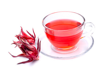 Roselle juice in a clear glass isolated on white background