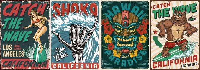 Hawaii and california surfing vintage posters