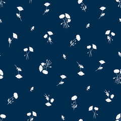 Abstract botanical seamless pattern with poppy, tulip. Hand drawn trendy vector simple flowers. Traditional ornament with decorative white small flowers on Blue. Two-color pattern in country style.