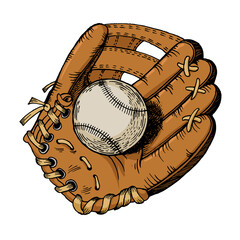 Baseball glove and ball color sketch engraving vector illustration. Scratch board style imitation. Hand drawn image.