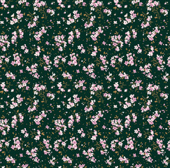 Vintage floral background. Floral pattern with small mauve and white flowers on a dark green background. Seamless pattern for design and fashion prints. Ditsy style. Stock vector illustration.