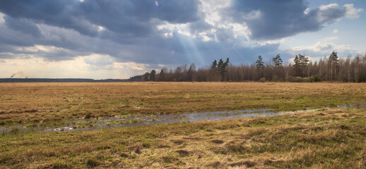 Early spring in the field. Sunlight through the clouds. Forest on the horizon. Dramatic clouds. Landscape with a field and trees. The sun shines with bright rays.
