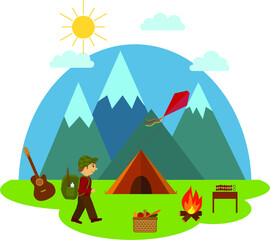 Obraz na płótnie Canvas Collection of young romantic couples during hiking adventure travel or camping trip. Adventure in nature, outdoor recreation, sport lifestyle. Flat colorful vector illustration.
