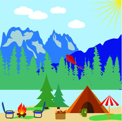Collection of young romantic couples during hiking adventure travel or camping trip. Adventure in nature, outdoor recreation, sport lifestyle. Flat colorful vector illustration.