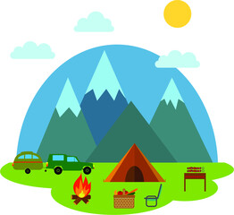 Collection of young romantic couples during hiking adventure travel or camping trip. Adventure in nature, outdoor recreation, sport lifestyle. Flat colorful vector illustration.