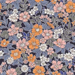 Möbelaufkleber Vintage seamless floral pattern. Liberty style background of small coral pink flowers. Small flowers scattered over a violet background. Stock vector for printing on surfaces. Realistic flowers.  © ann_and_pen