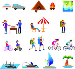 Set of bicycle rider couple in flat style. Cyclist man, woman, children, hipster, older, racing cyclist on bike and tandem.vector illustration