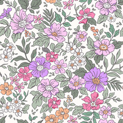 Vintage seamless floral pattern. Liberty style background of small mauve and lilac flowers. Small flowers scattered over a white background. Stock vector for printing on surfaces. Realistic flowers. 